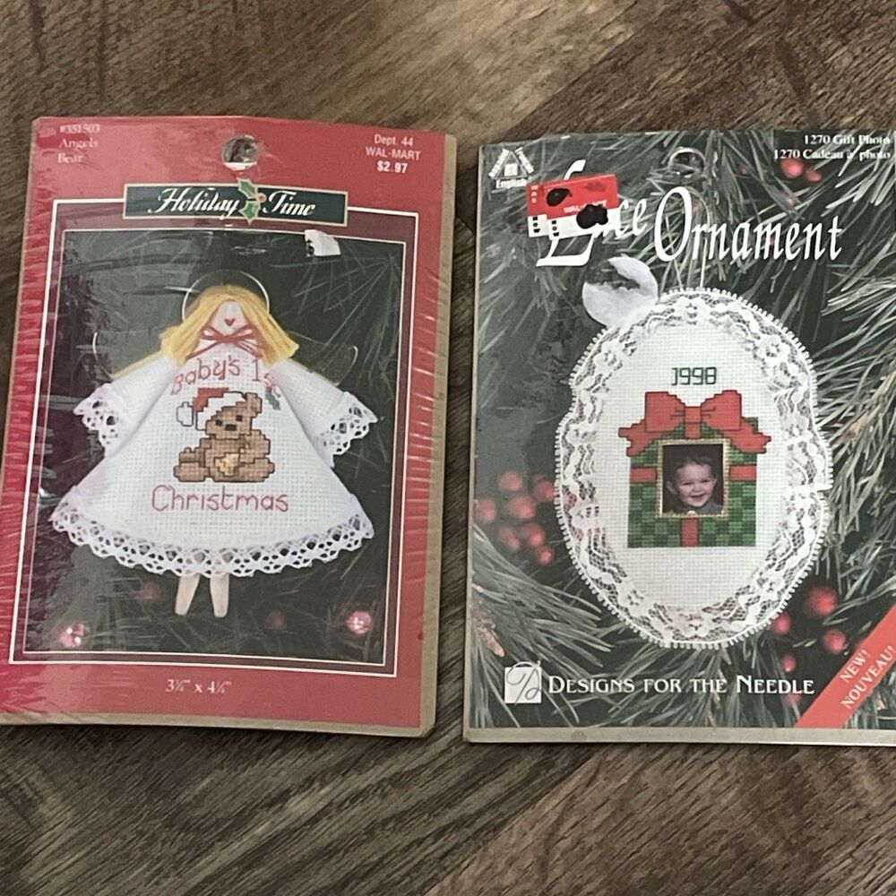 CROSS STITCH KIT LOT OF 2 LACE ORNAMENTS GIFT PHOTO & Angel NEW SEALED